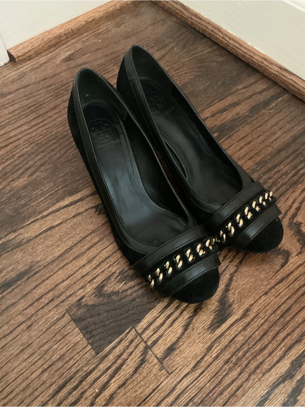 Tory Burch Black Peep-Toe Pumps with Gold Chain Trim